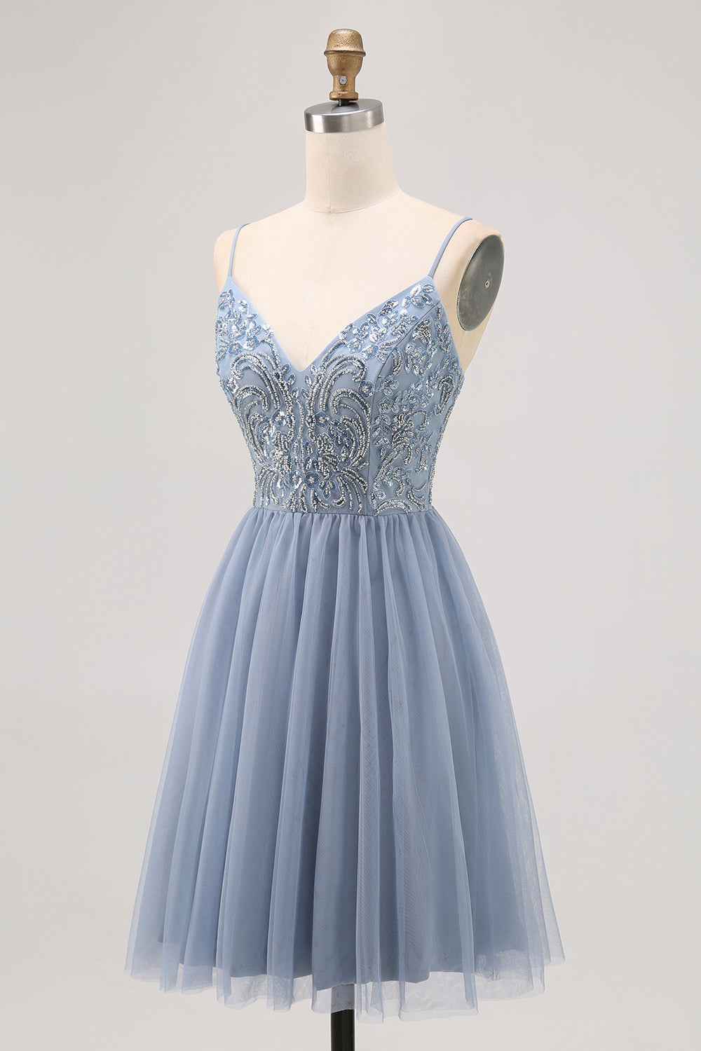 Grey Blue A Line Tulle Homecoming Dress with Beading