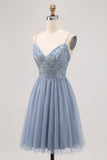 Grey Blue A Line Tulle Homecoming Dress with Beading