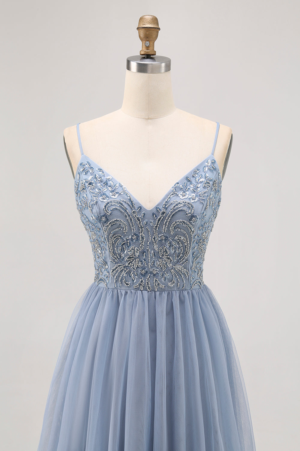 Grey Blue A Line Tulle Homecoming Dress with Beading