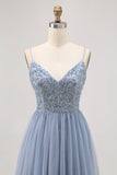 Grey Blue A Line Tulle Homecoming Dress with Beading