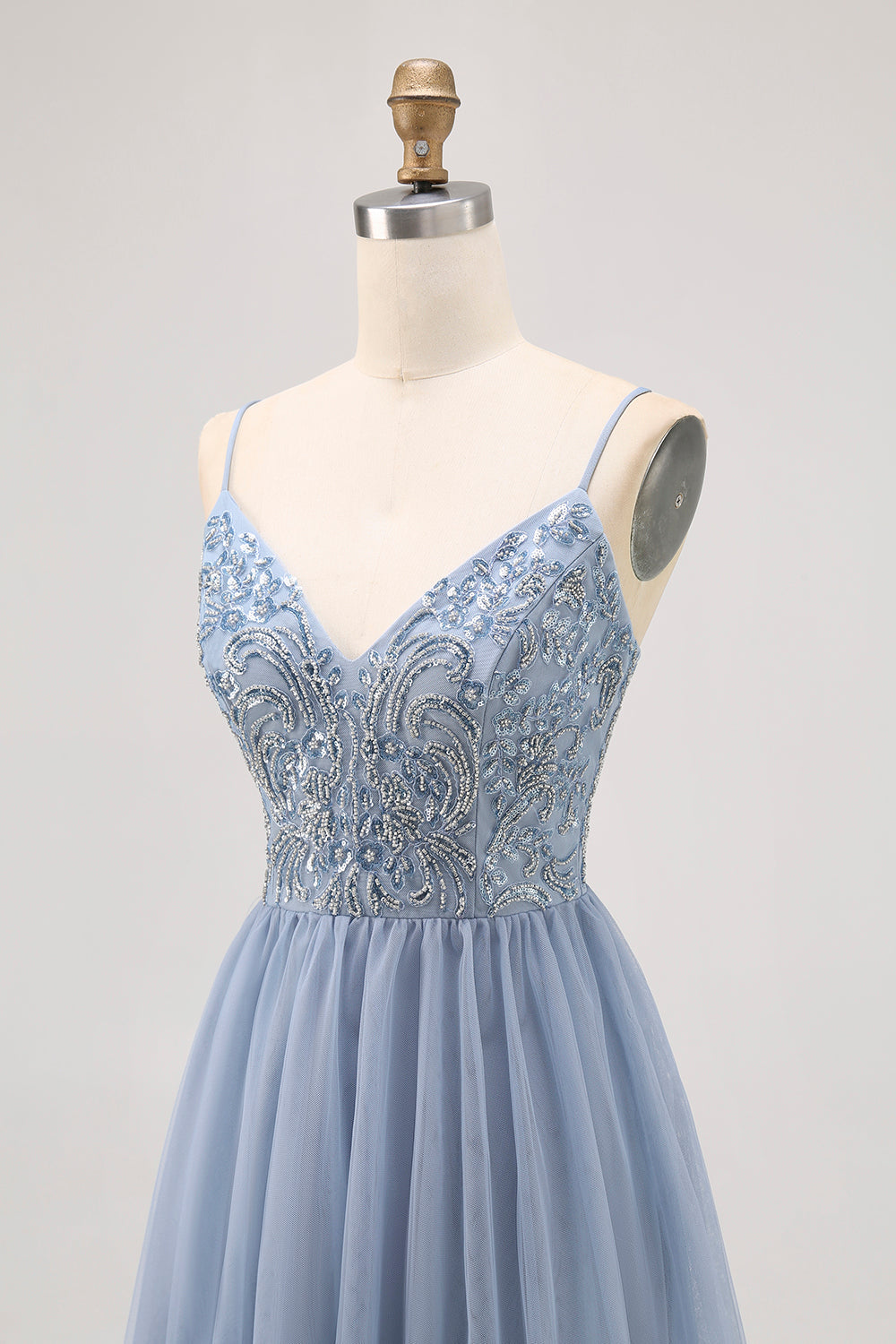 Grey Blue A Line Tulle Homecoming Dress with Beading