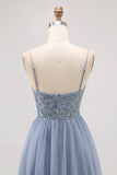 Grey Blue A Line Tulle Homecoming Dress with Beading