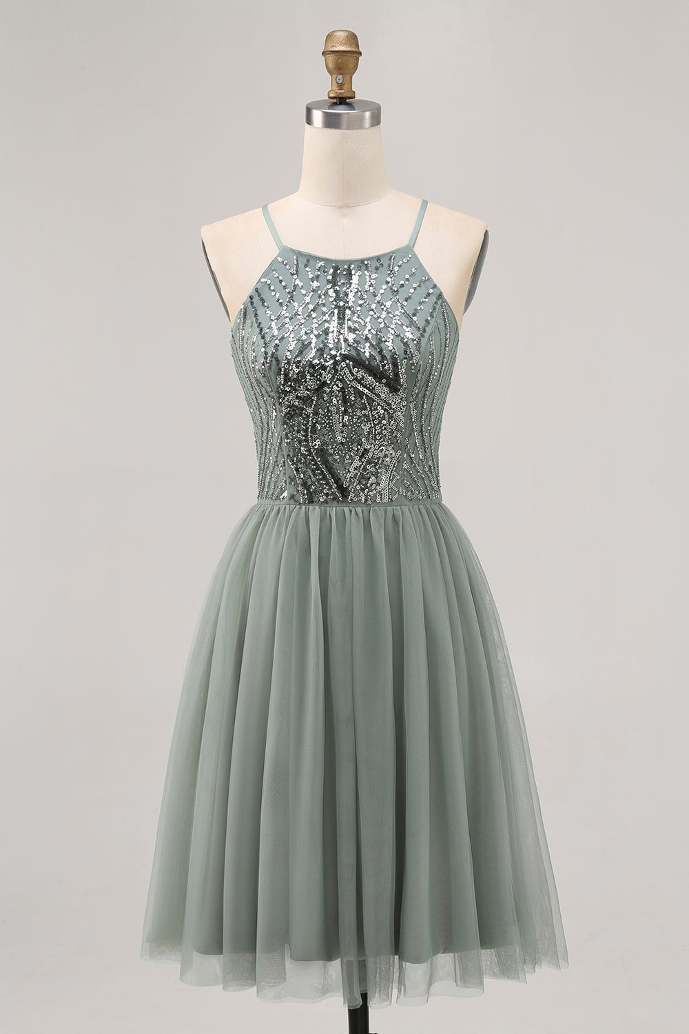 Grey Green Halter A Line Tulle Homecoming Dress with Sequins