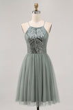Grey Green Halter A Line Tulle Homecoming Dress with Sequins