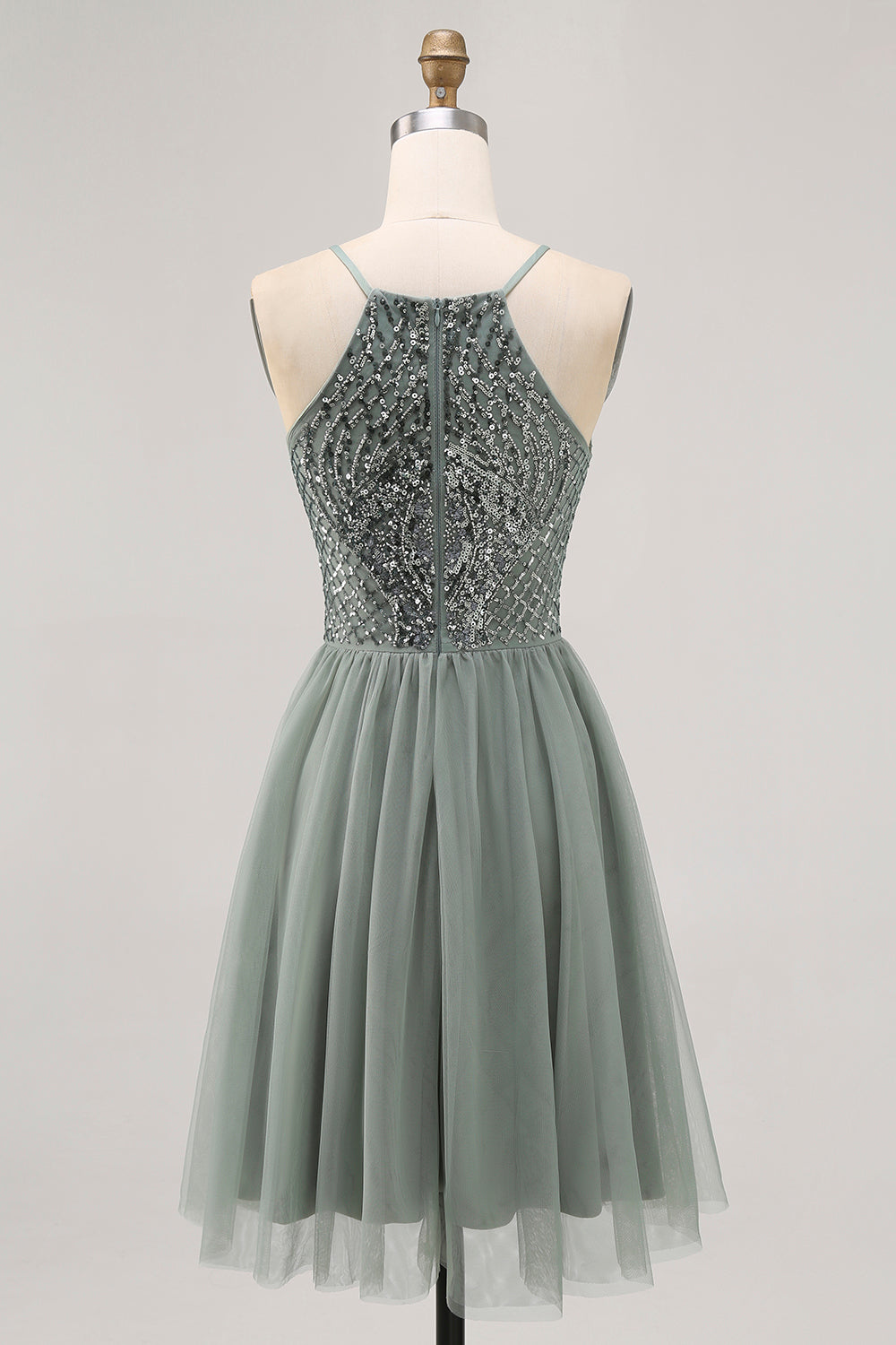 Grey Green Halter A Line Tulle Homecoming Dress with Sequins