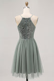 Grey Green Halter A Line Tulle Homecoming Dress with Sequins