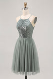 Grey Green Halter A Line Tulle Homecoming Dress with Sequins