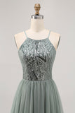 Grey Green Halter A Line Tulle Homecoming Dress with Sequins