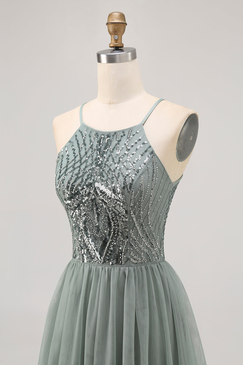 Grey Green Halter A Line Tulle Homecoming Dress with Sequins