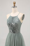 Grey Green Halter A Line Tulle Homecoming Dress with Sequins