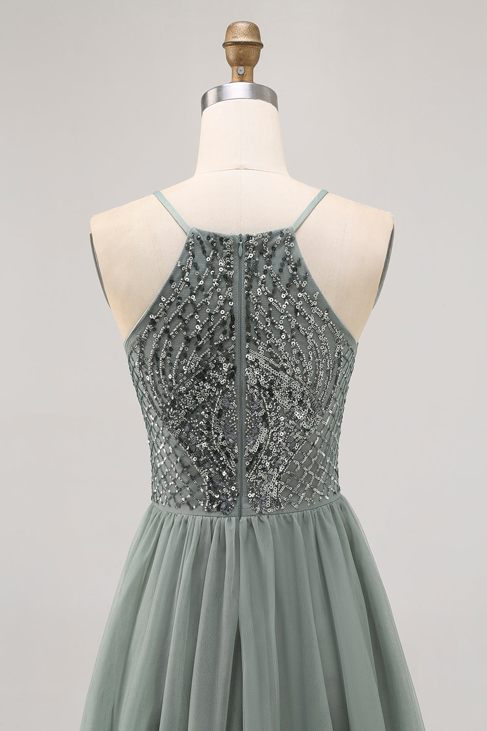 Grey Green Halter A Line Tulle Homecoming Dress with Sequins