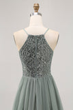 Grey Green Halter A Line Tulle Homecoming Dress with Sequins