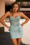 Grey Green Bodycon Corset Strapless Homecoming Dress with Appliques