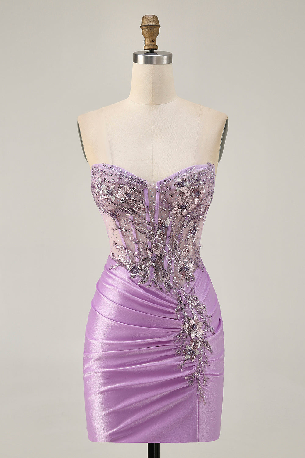 Lilac Bodycon Appliqued Strapless Homecoming Dress with Lace Up Back