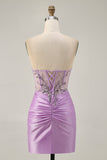 Lilac Bodycon Appliqued Strapless Homecoming Dress with Lace Up Back