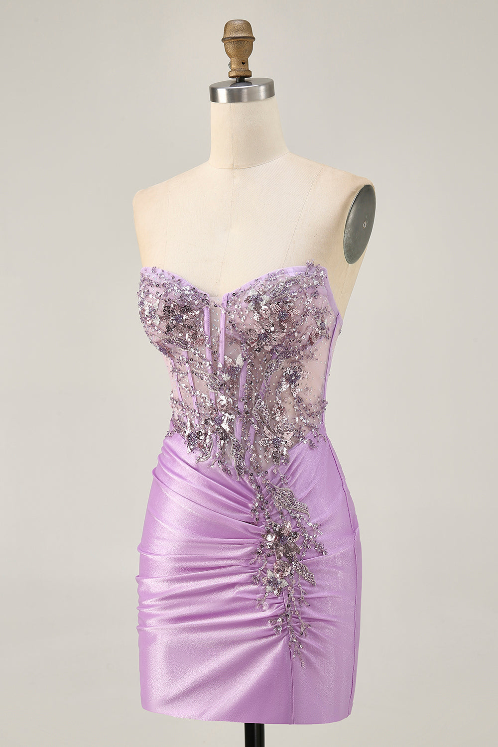 Lilac Bodycon Appliqued Strapless Homecoming Dress with Lace Up Back