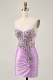 Lilac Bodycon Appliqued Strapless Homecoming Dress with Lace Up Back