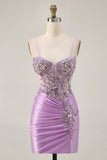Lilac Bodycon Appliqued Strapless Homecoming Dress with Lace Up Back