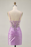 Lilac Bodycon Appliqued Strapless Homecoming Dress with Lace Up Back