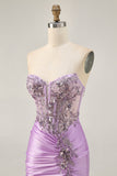 Lilac Bodycon Appliqued Strapless Homecoming Dress with Lace Up Back