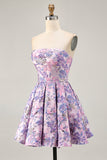 Strapless Floral Lilac A Line Homecoming Dress