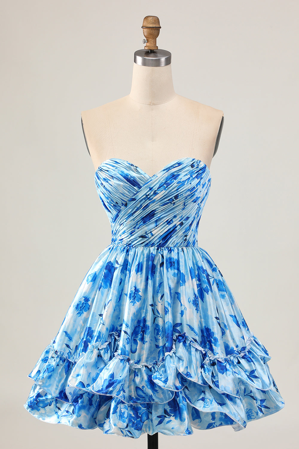 Floral Printed Blue A-Line Strapless Homecoming Dress With Ruffles