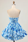 Floral Printed Blue A-Line Strapless Homecoming Dress With Ruffles