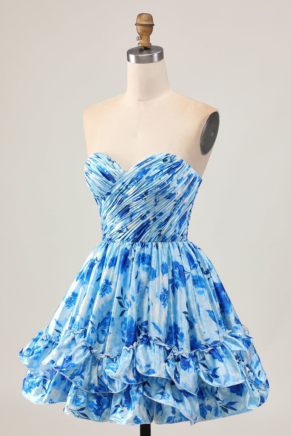 Floral Printed Blue A-Line Strapless Homecoming Dress With Ruffles