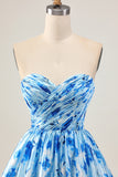 Floral Printed Blue A-Line Strapless Homecoming Dress With Ruffles