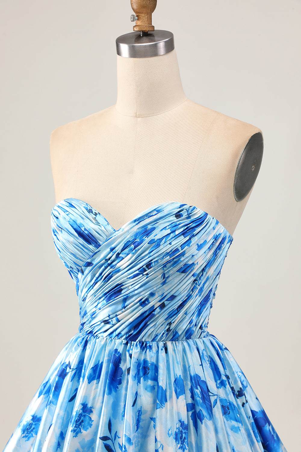 Floral Printed Blue A-Line Strapless Homecoming Dress With Ruffles