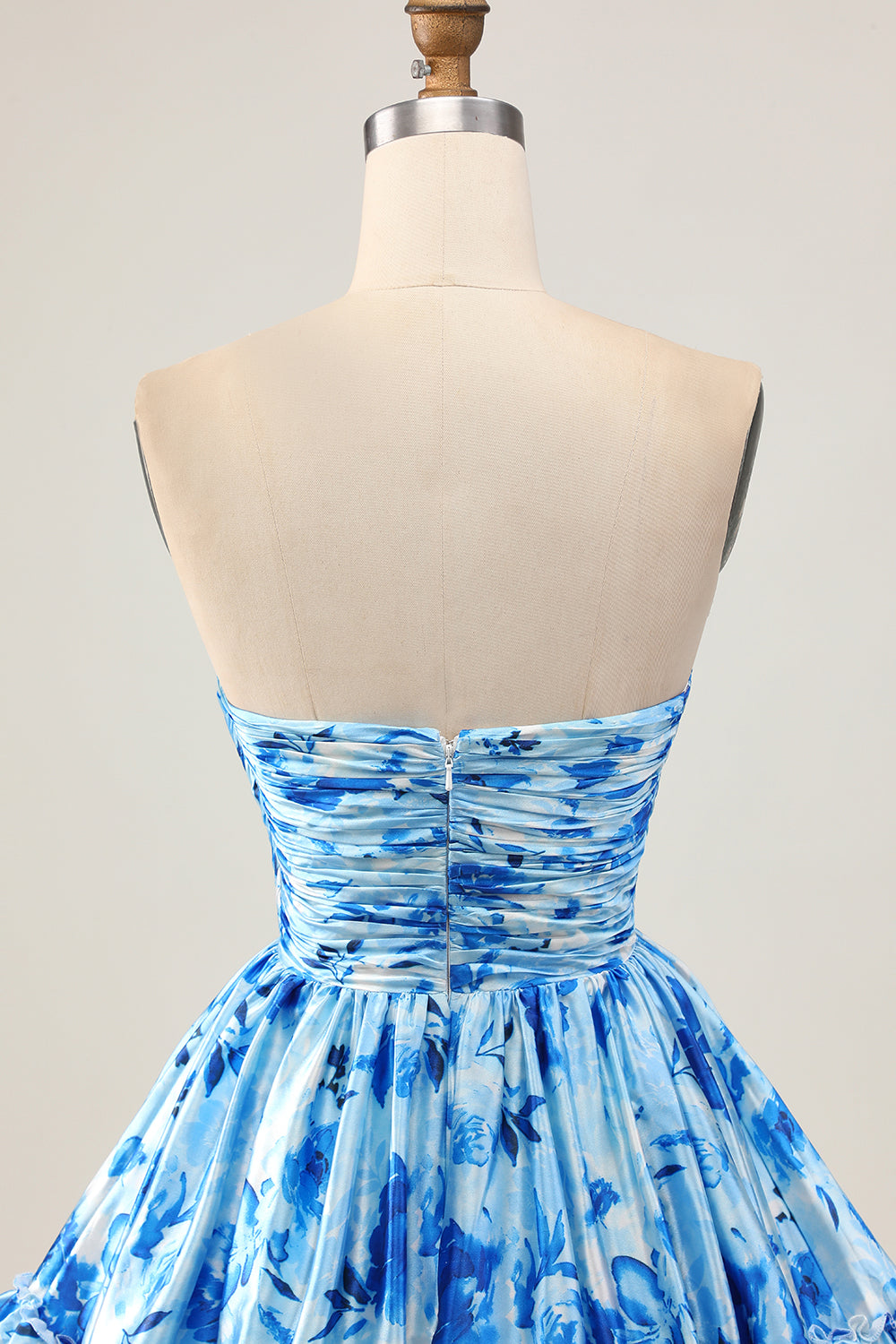 Floral Printed Blue A-Line Strapless Homecoming Dress With Ruffles