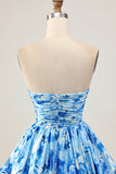 Floral Printed Blue A-Line Strapless Homecoming Dress With Ruffles