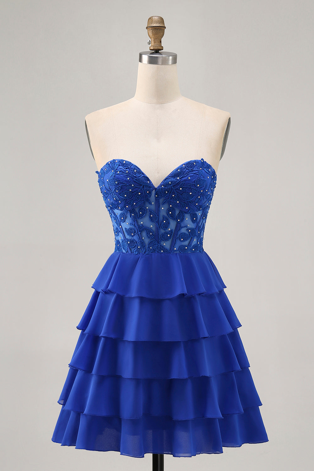 Royal Blue Strapless A-Line Tiered Corset Homecoming Dress with Beading