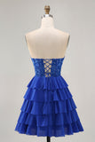 Royal Blue Strapless A-Line Tiered Corset Homecoming Dress with Beading