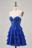 Royal Blue Strapless A-Line Tiered Corset Homecoming Dress with Beading