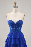 Royal Blue Strapless A-Line Tiered Corset Homecoming Dress with Beading