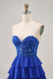 Royal Blue Strapless A-Line Tiered Corset Homecoming Dress with Beading