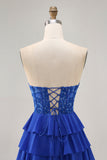 Royal Blue Strapless A-Line Tiered Corset Homecoming Dress with Beading