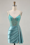 Satin Bodycon Beaded Green Homecoming Dress with Streamer