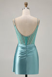 Satin Bodycon Beaded Green Homecoming Dress with Streamer