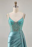 Satin Bodycon Beaded Green Homecoming Dress with Streamer