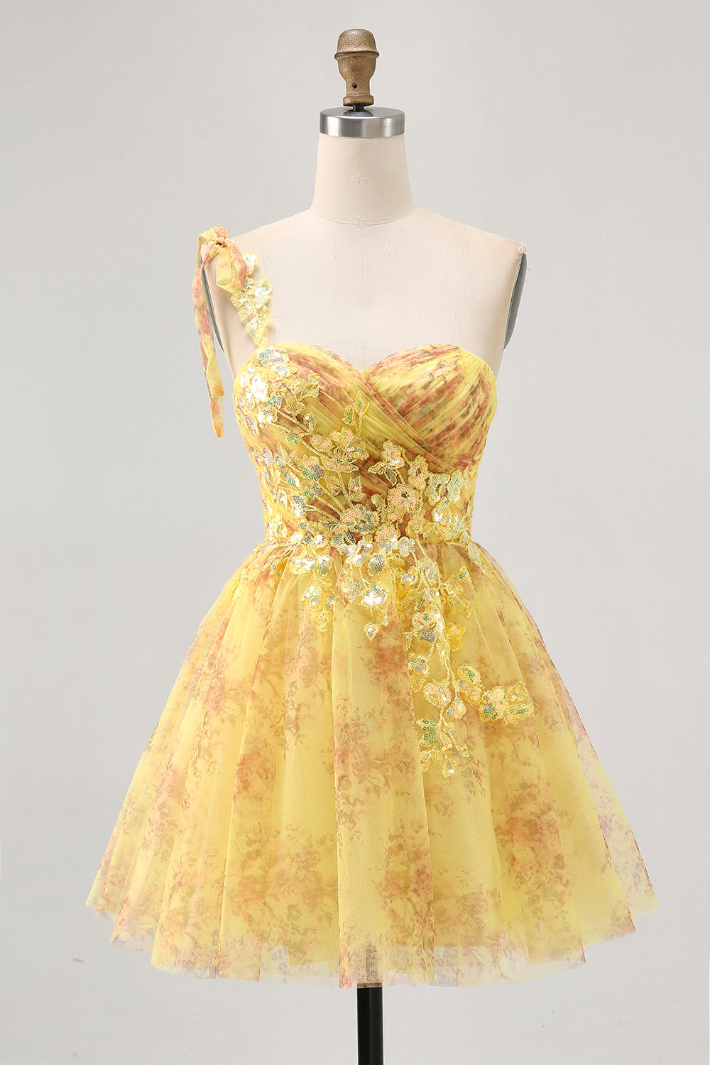 One Shoulder Printed A Line Tulle Yellow Homecoming Dress with Sequins