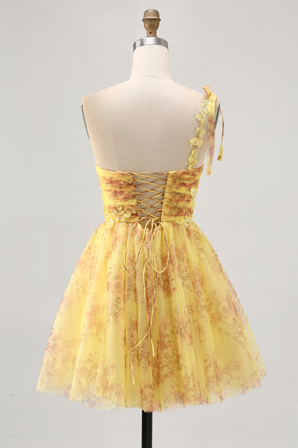 One Shoulder Printed A Line Tulle Yellow Homecoming Dress with Sequins
