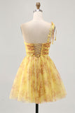 One Shoulder Printed A Line Tulle Yellow Homecoming Dress with Sequins