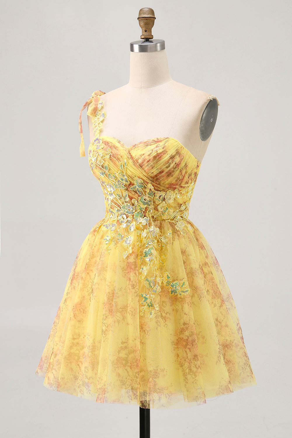 One Shoulder Printed A Line Tulle Yellow Homecoming Dress with Sequins