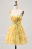 One Shoulder Printed A Line Tulle Yellow Homecoming Dress with Sequins