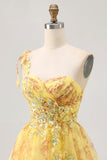 One Shoulder Printed A Line Tulle Yellow Homecoming Dress with Sequins