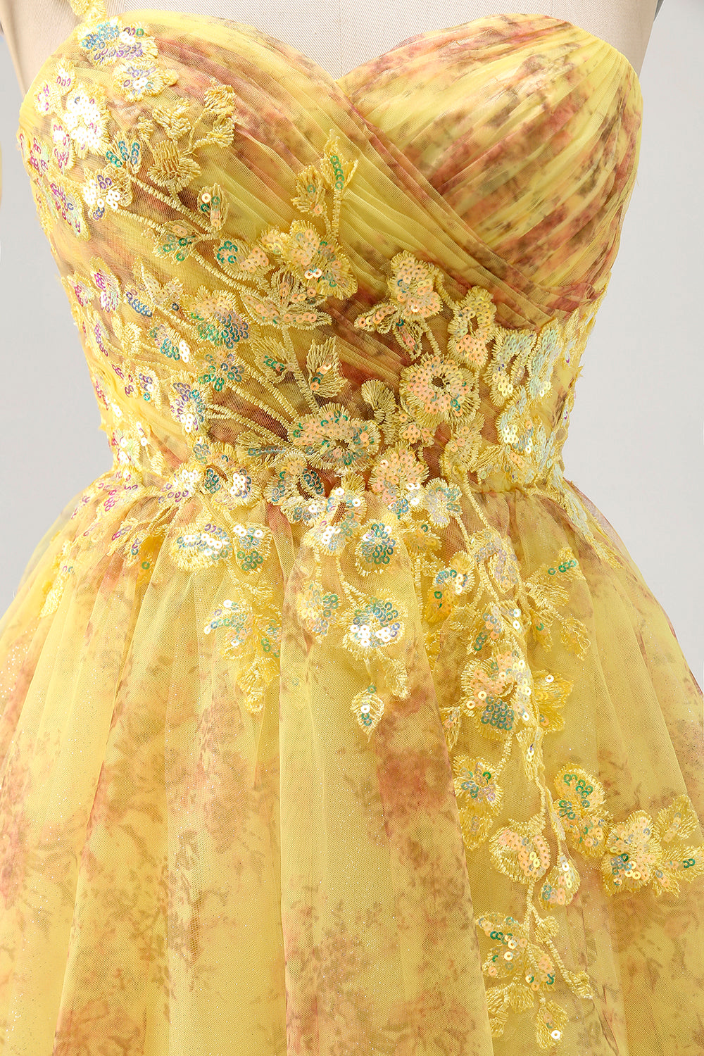One Shoulder Printed A Line Tulle Yellow Homecoming Dress with Sequins