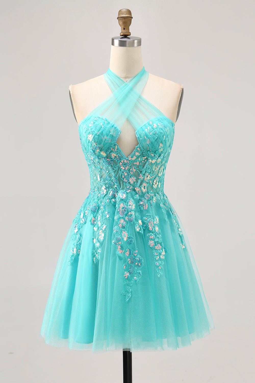 Halter Appliqued Tulle A Line Green Homecoming Dress with Sequins