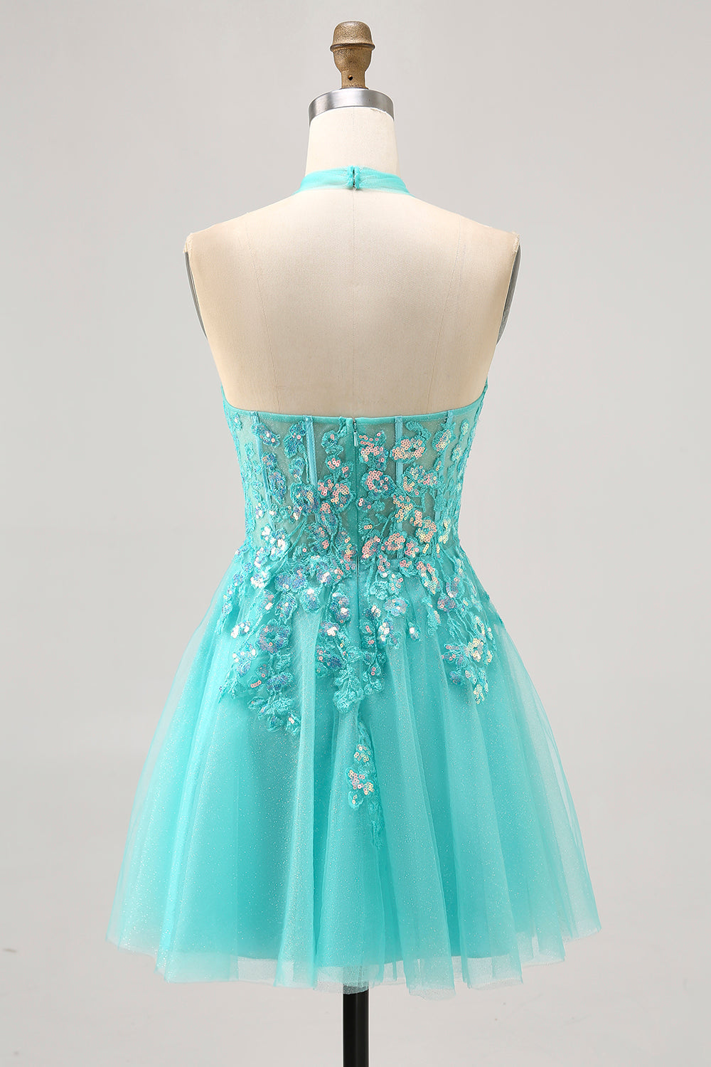 Halter Appliqued Tulle A Line Green Homecoming Dress with Sequins